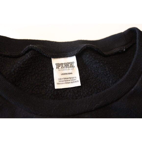 Victoria's Secret PINK Nation Black Crew Sweatshirt w/White Logo Raw Hem Large - Picture 9 of 10